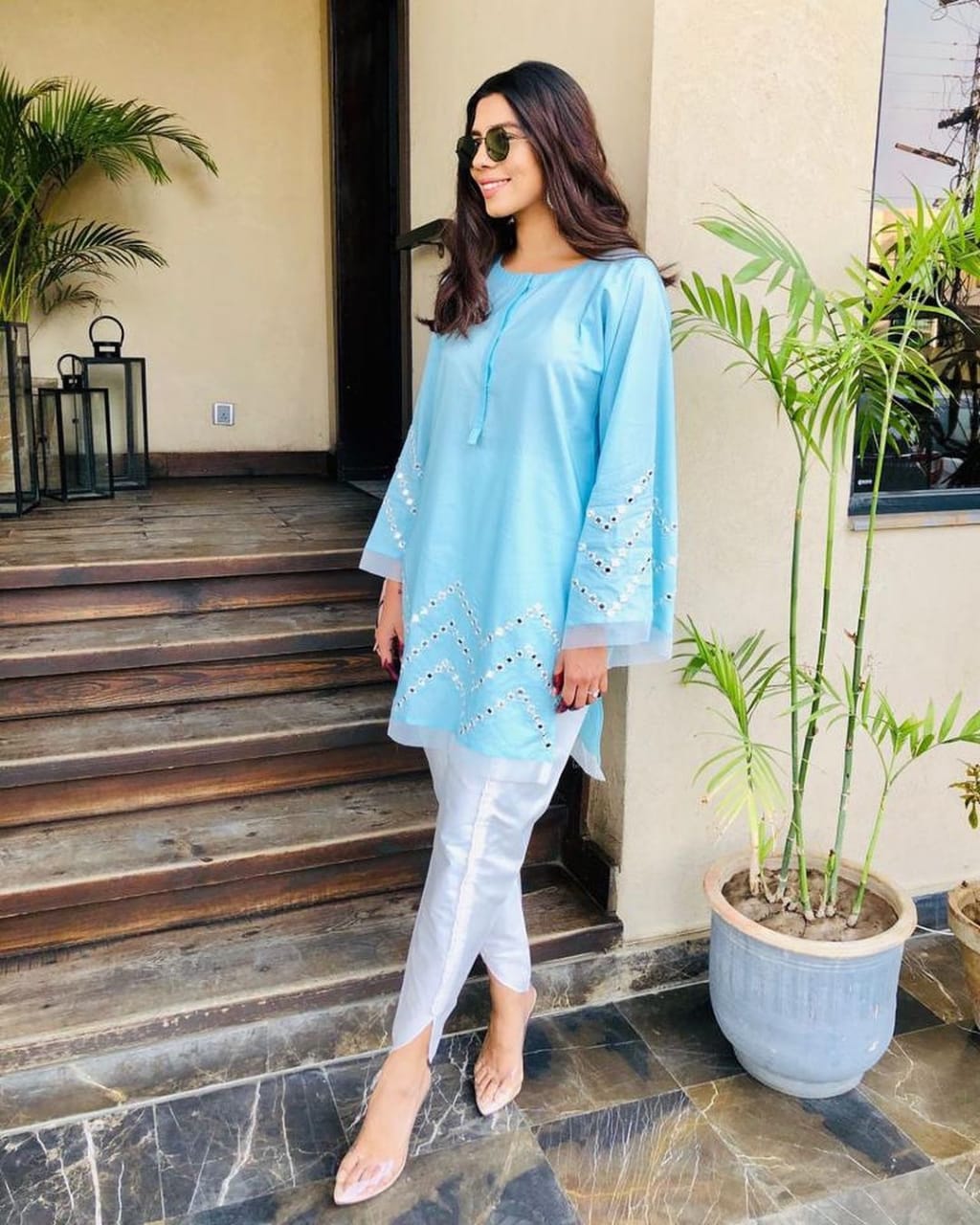 Light Blue Mirror Work Kurta With Pant Set