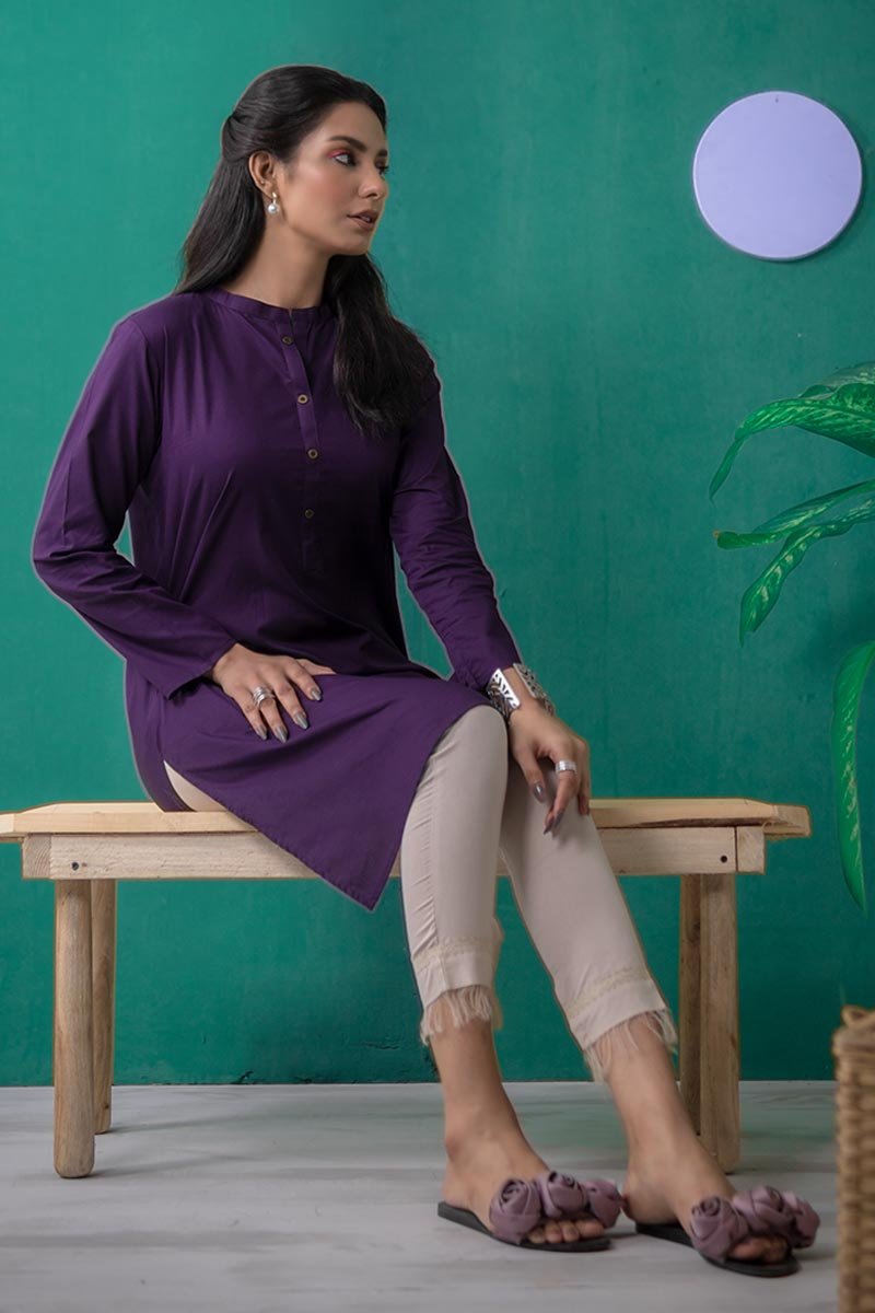 Purple Colored Band Straight Kurta Sitting