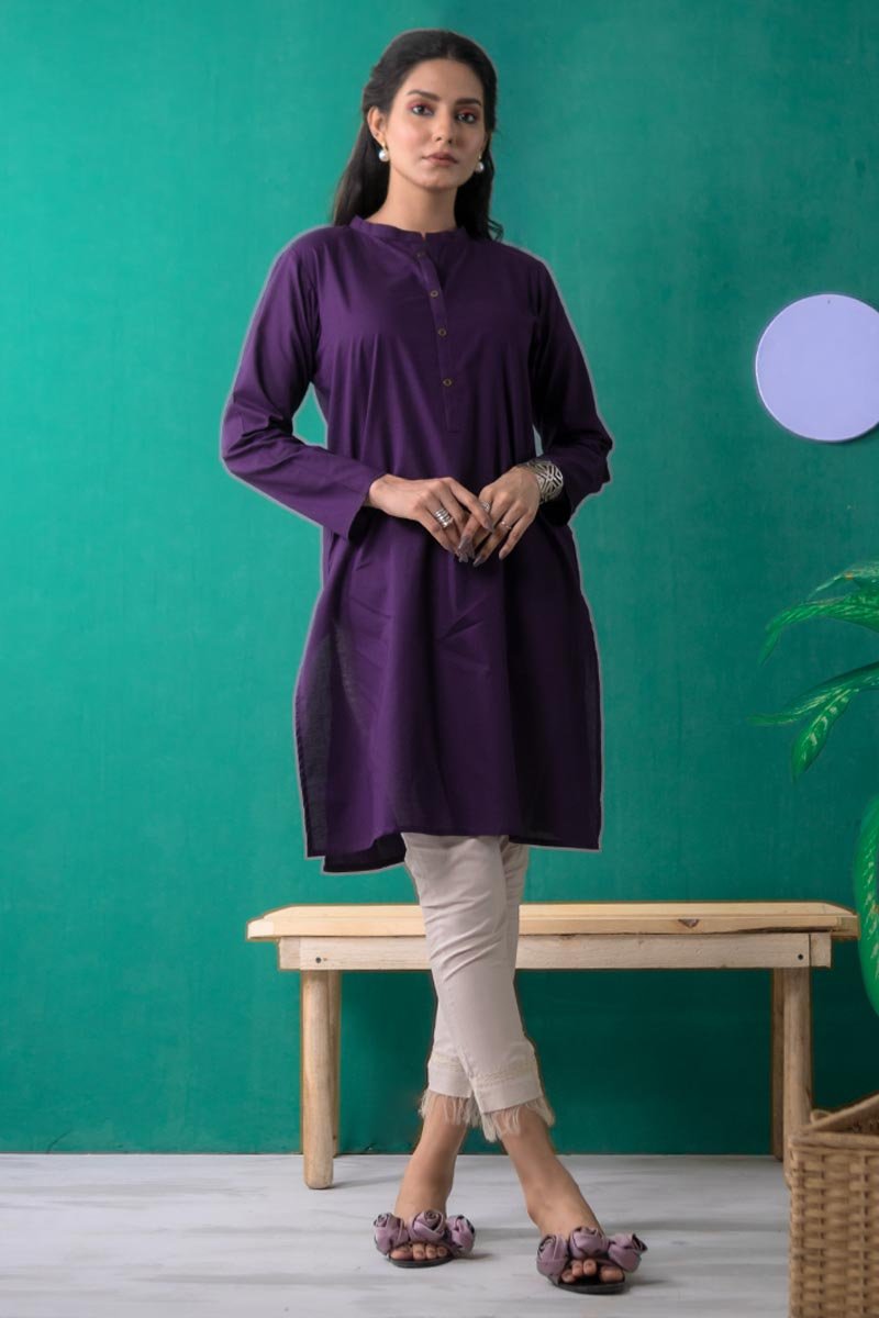 Purple Colored Band Straight Kurta With Pant Set