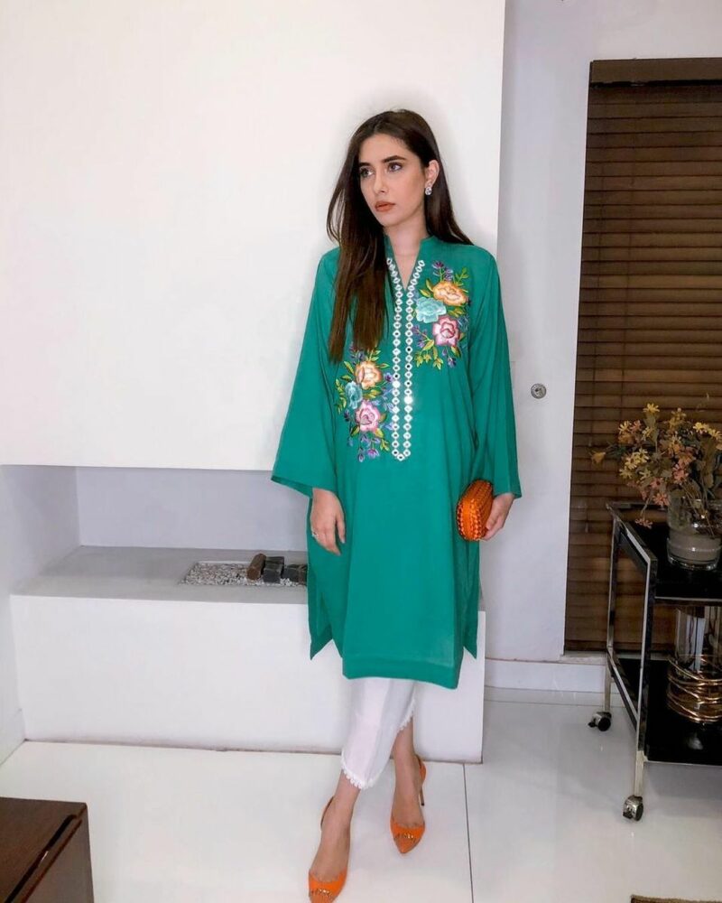 Sea Green Color Thread And Mirror Embroidered Kurta And Pant Set