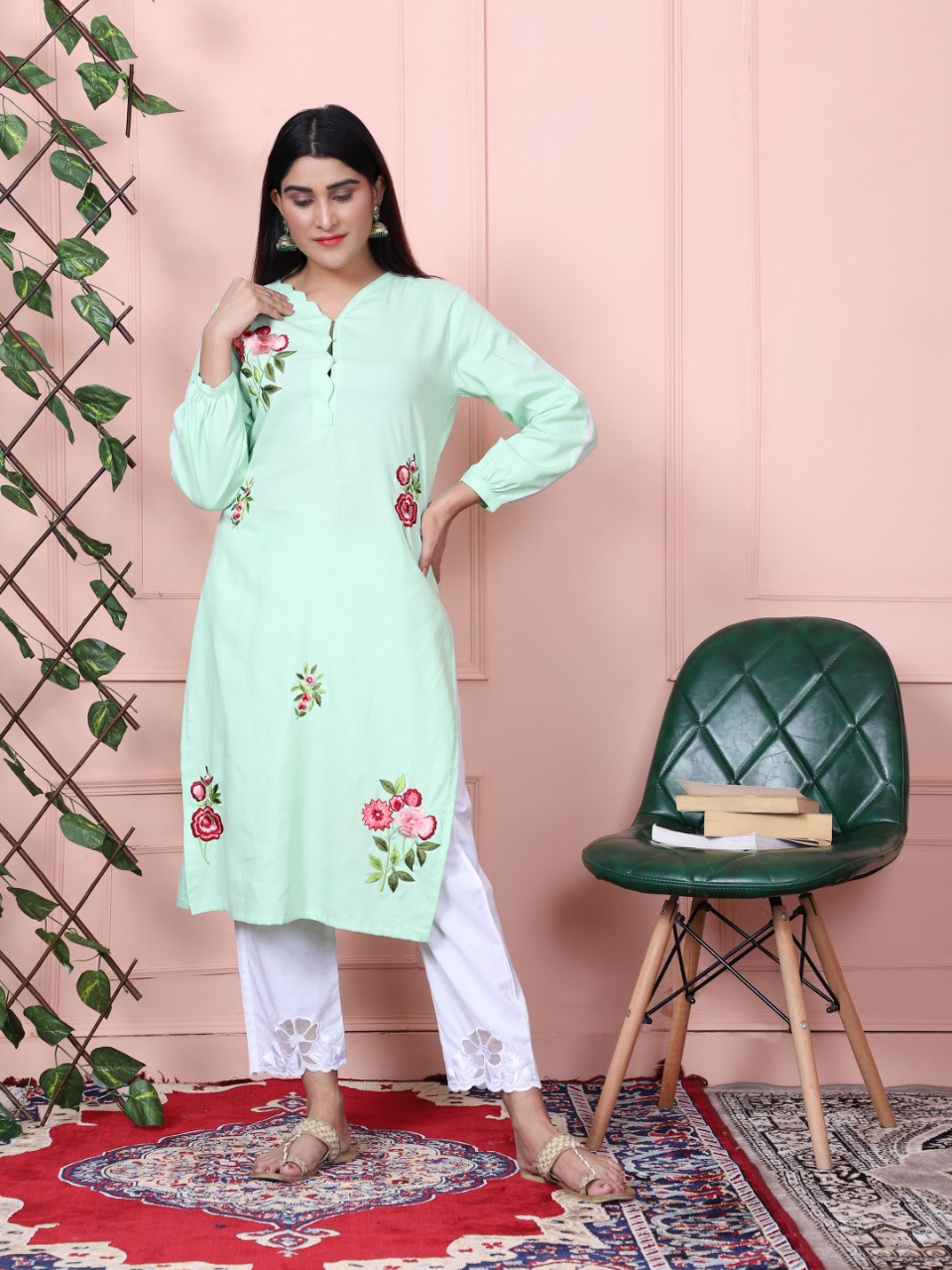 Mint Green Floral Kurti With Pant Set