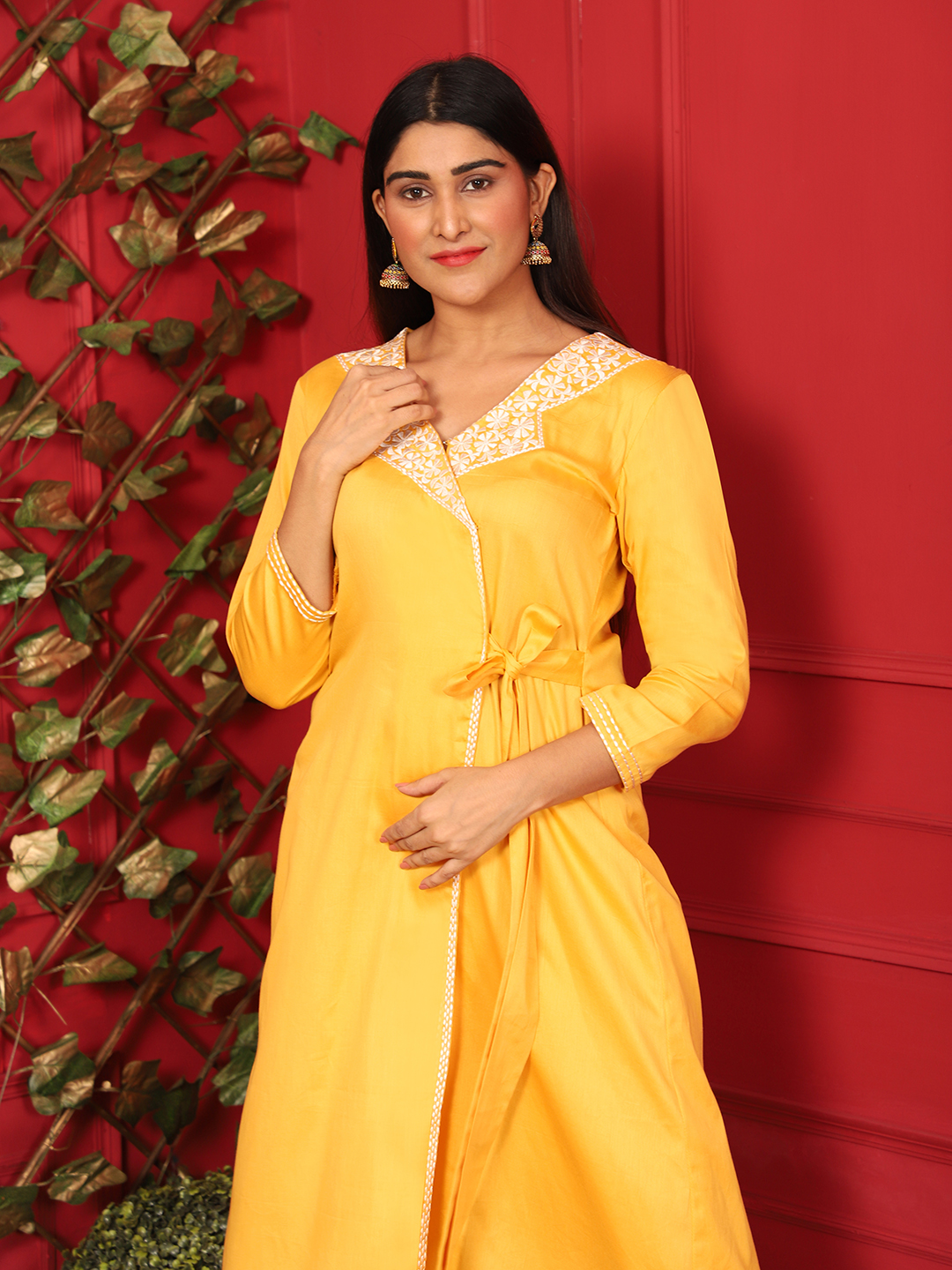 Women Mustard Yellow Pleated Kurta with Trousers– Inddus.in