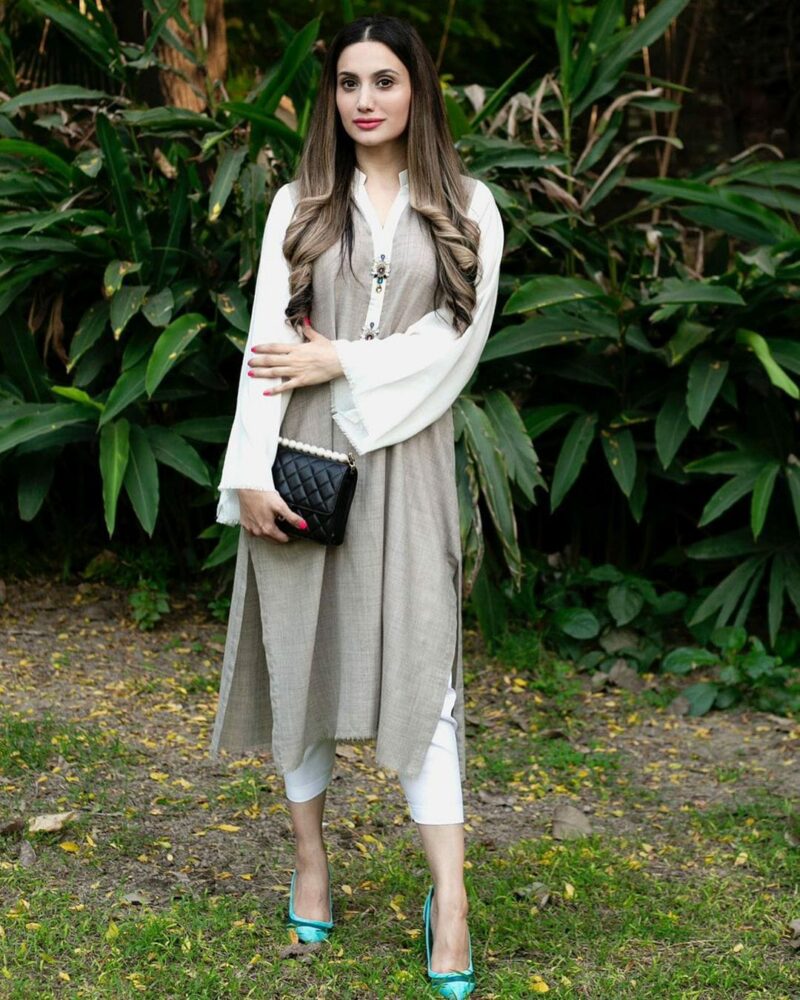 Grey and Cream Woolen Kurti With Pant Set Front