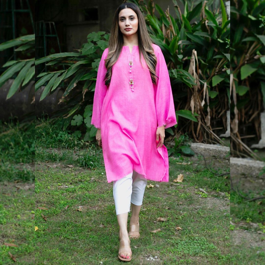 Pink Woolen Kurti With Pant Set
