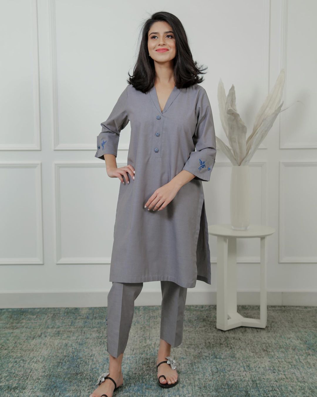 Classy Ash Grey Colour Kashmiri Embroidered Georgette Kurti