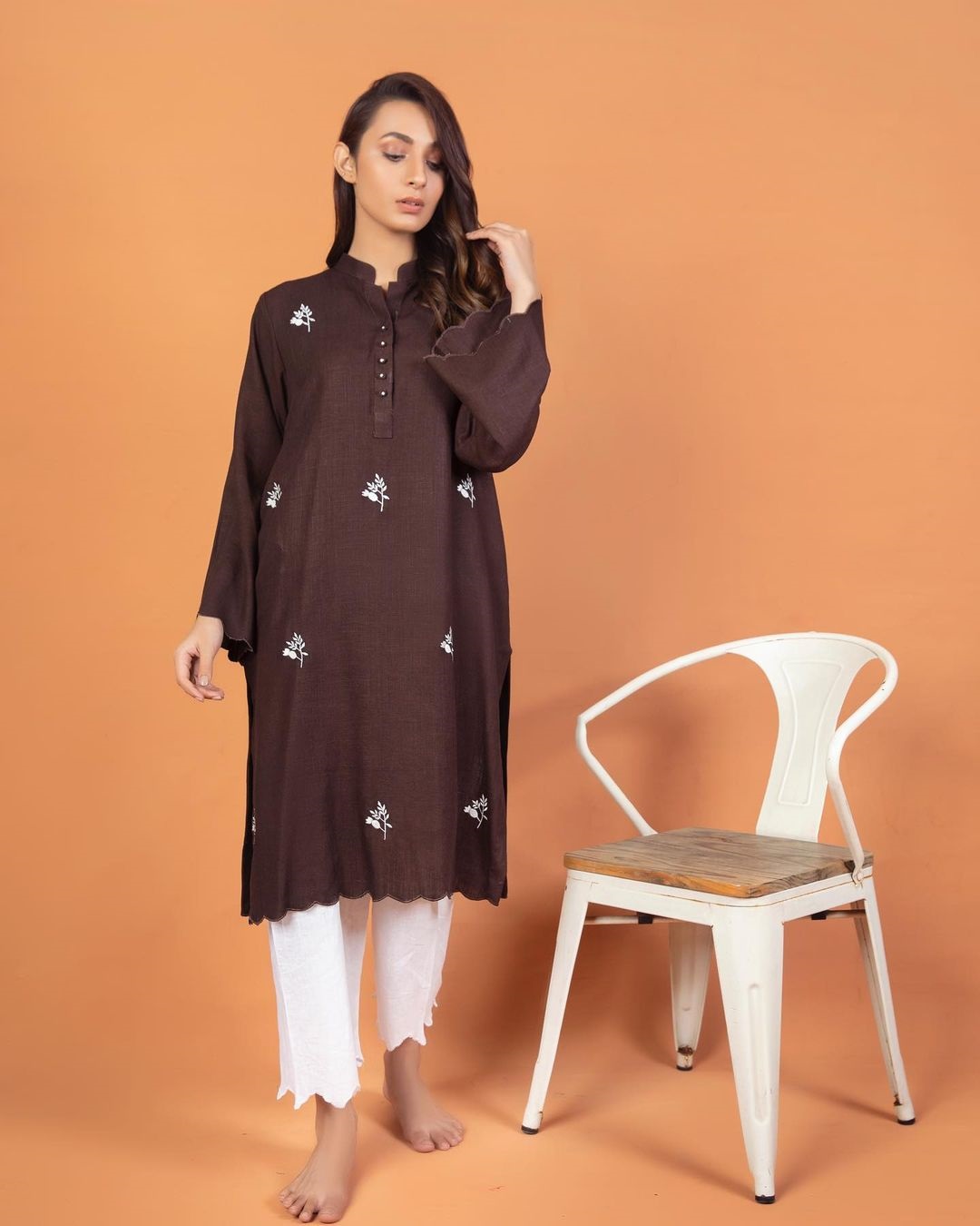 Brown Booti Kurti with Pants Set