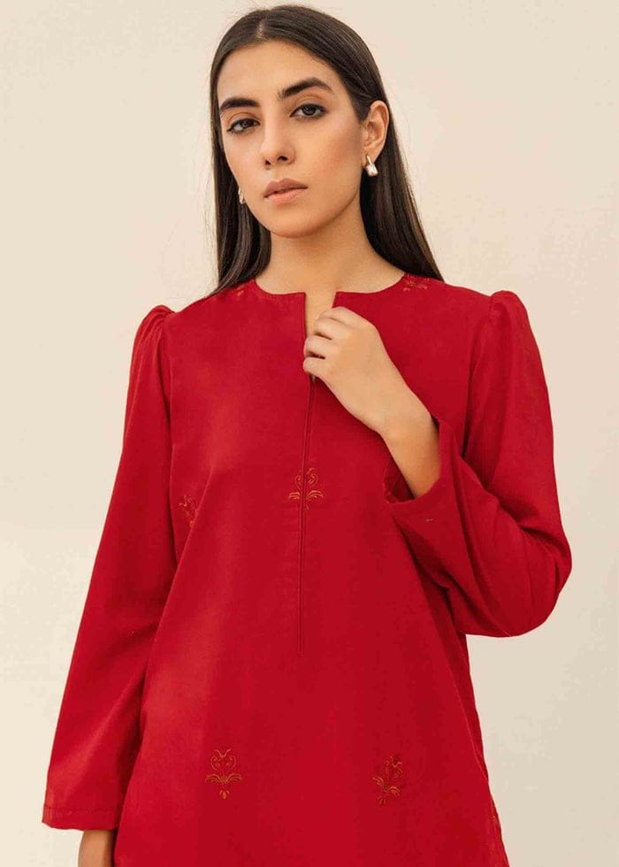 Candy Red Embroidered Kurti with Pants Set Zoom