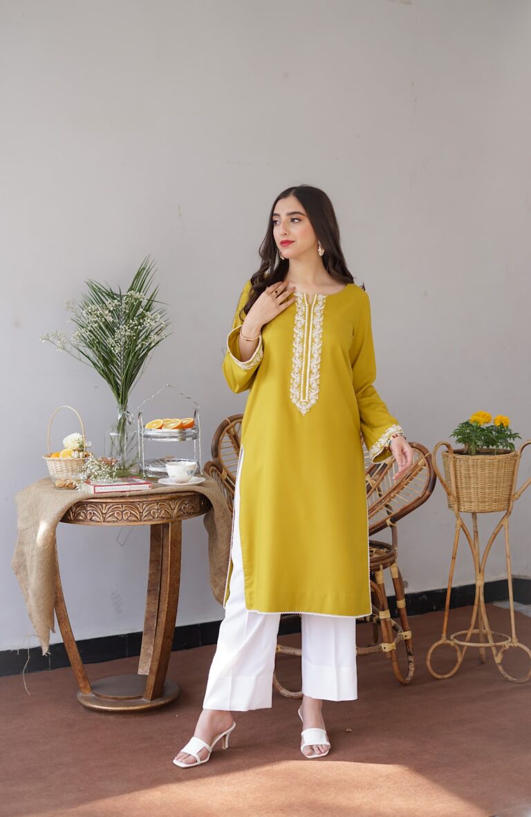 WOOLEN KURTI FOR WOMAN YELLOW EMBROIDERY